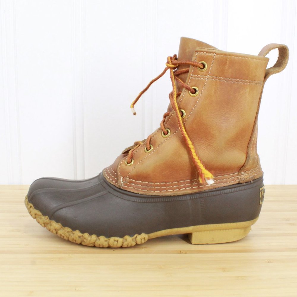 LL Bean Unlined Brown Leather Lace-up Rubber Duck Boots Size 7 M - Picture 1 of 9